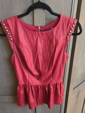 Guess Red Sleeveless Peplum Top with Stud Shoulder Accents